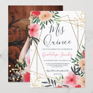 Invitación Fotografía de oro floral rosa rosa moderno quincea