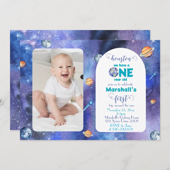 Invitación Fotografía de primer cumpleaños de la galaxia espa (Anverso / Reverso)