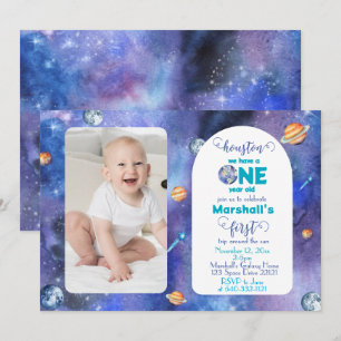 Invitación Fotografía de primer cumpleaños de la galaxia espa