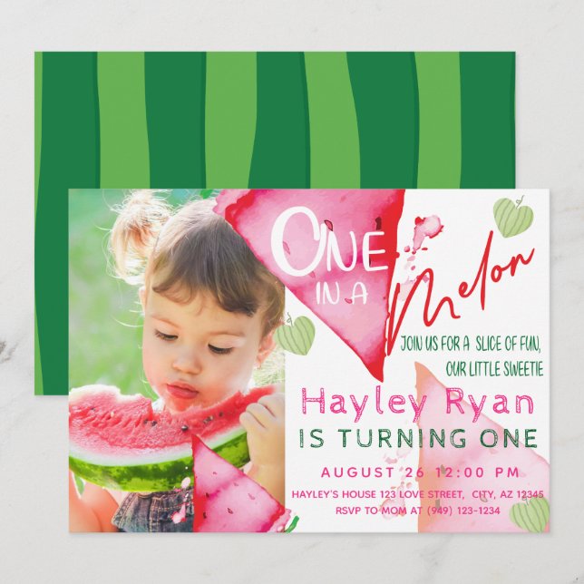 Invitación Fotografía de primer cumpleaños de One In a Melon (Anverso / Reverso)