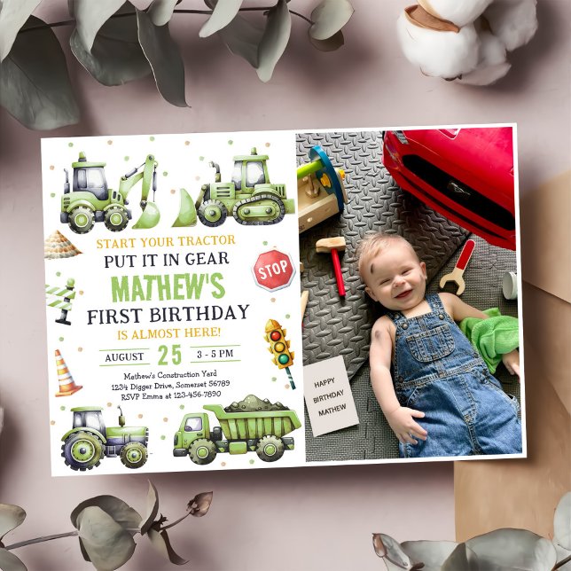 Invitación Fotografía de primer cumpleaños del excavador de c (Subido por el creador)