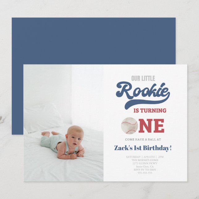 Invitación Fotografía de Rookie Baseball Boys Primer Cumpleañ (Anverso / Reverso)