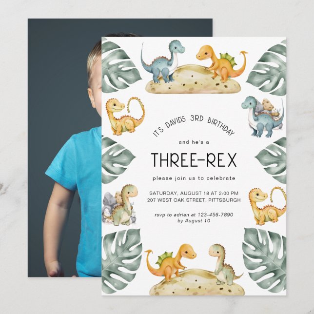 Invitación Fotografía de un Fiesta de tres Rex de Dinosaurio  (Anverso / Reverso)