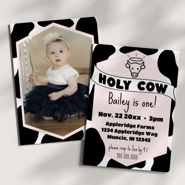 Invitación Fotografía de vaca sagrada Kid Cow Imprimir Cumple (Holy cow cute kid's birthday party invitation pink cow print modern bday invite )