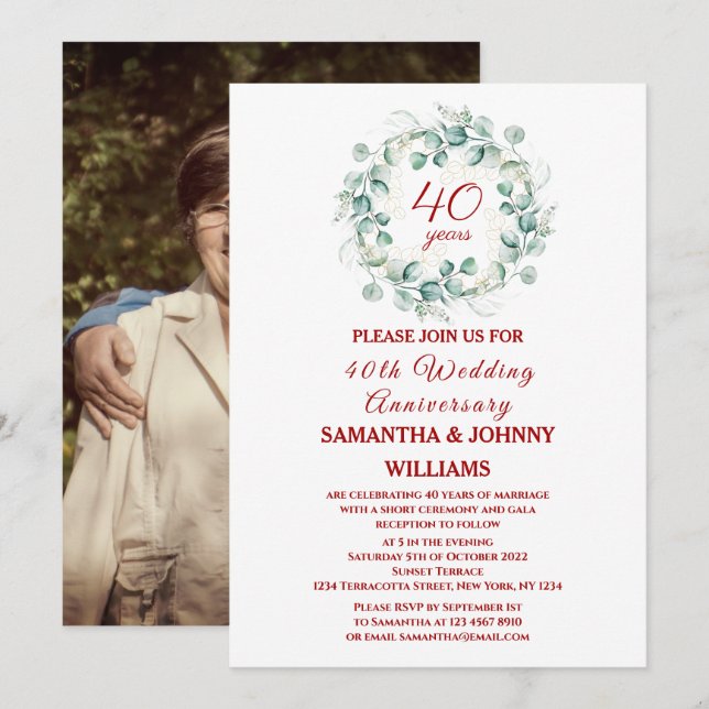 Invitación Fotografía del 40º aniversario del Boda Eucalyptus (Anverso / Reverso)