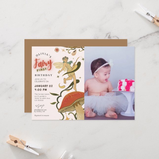 Invitación Fotografía del chica del hada del bosque de champi (Anverso/Reverso In Situ)