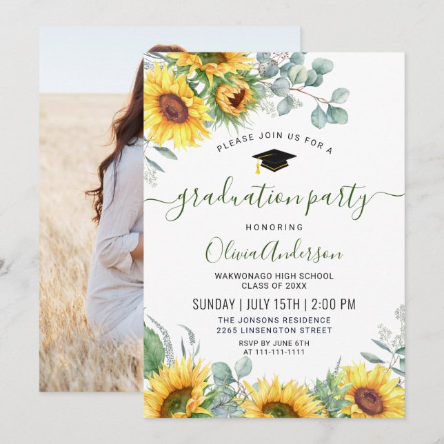 Invitación Fotografía del partido de graduación Sunflower Euc (Anverso / Reverso)