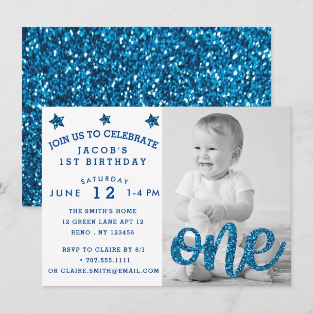 Invitación Fotografía del primer cumpleaños del Purpurina azu (Anverso / Reverso)