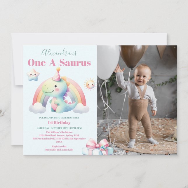 Invitación Fotografía Dinosaur 1er cumpleaños Colorful Cute (Anverso)