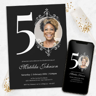 Invitación Fotografía Elegante Blanco Negro 50 cumpleaños