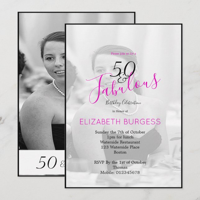 Invitación Fotografía Elegante Rosa Blanco Negro 50 y Fabulou (Anverso / Reverso)