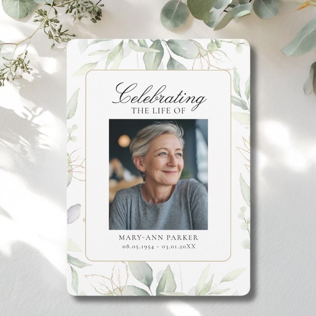 Invitación Fotografía Funeral "Celebración de la Vida" de Gre (Greenery "Celebration of Life" Photo Funeral Invitation)