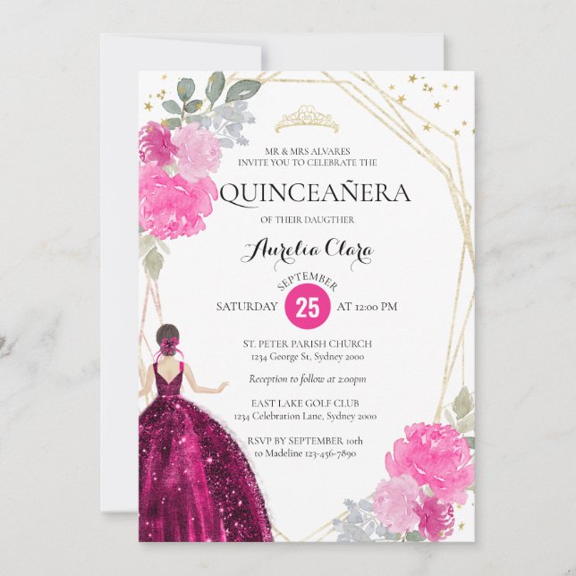 Invitación Fotografía geométrica floral rosa magenta Quinceañ (Anverso)