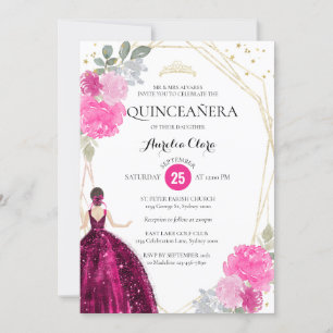 Invitación Fotografía geométrica floral rosa magenta Quinceañ
