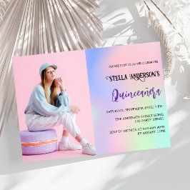 Invitación Fotografía holográfica rosa Quinceanera