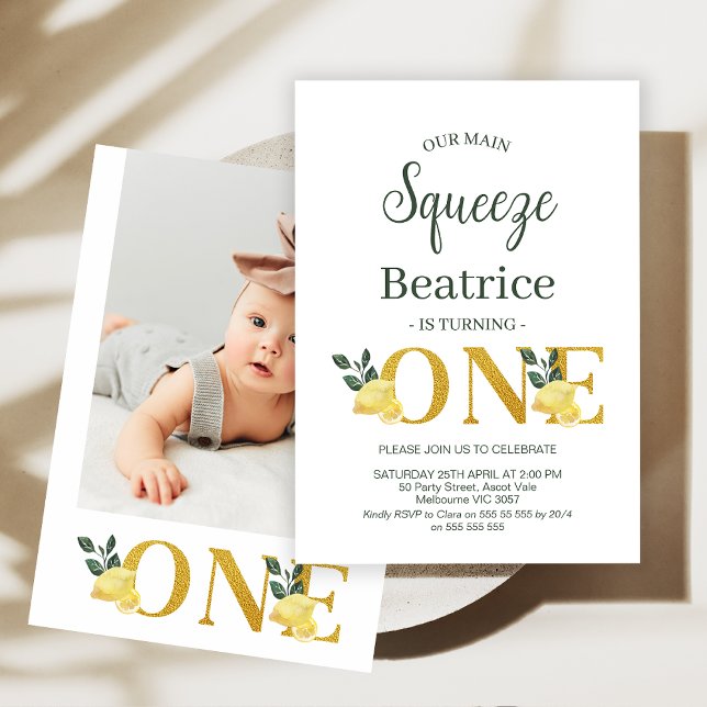 Invitación Fotografía Lemons Our Main Squeeze 1er cumpleaños (Lemon MAIN SQUEEZE 1st Birthday Invitation Lemonade Birthday Party Invitation Lemon Foliage Birthday)