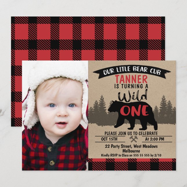 Invitación Fotografía Lumberjack Bear Cub Primer cumpleaños I (Anverso / Reverso)