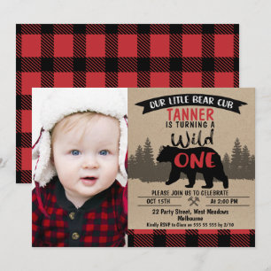 Invitación Fotografía Lumberjack Bear Cub Primer cumpleaños I