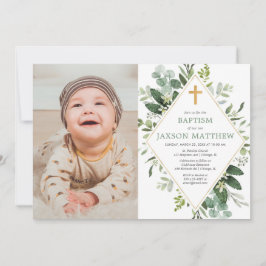 Invitación Fotografía moderna del bautismo de oro verde eucal