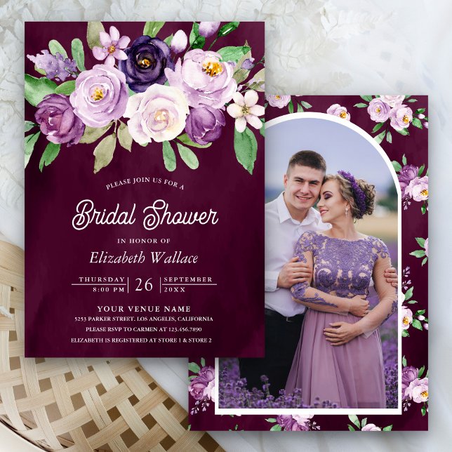 Invitación Fotografía morada Floral Oscuro Moody Plum Bridal  (Subido por el creador)