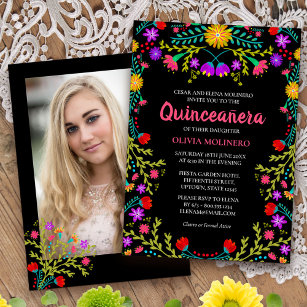 Invitación Fotografía negra floral de Fiesta Mexicana Quincea