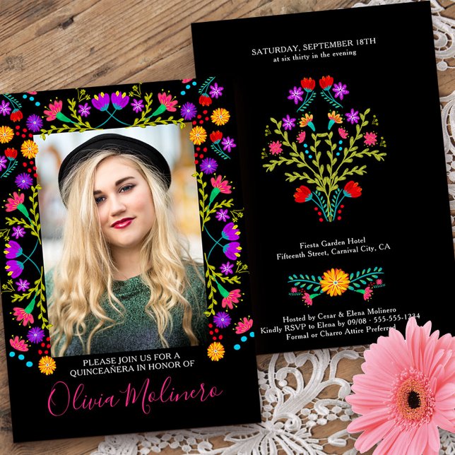 Invitación Fotografía negra floral de Fiesta Mexicana Quincea (Quinceanera invitation with photo from my Mexican Fiesta Floral collection
)