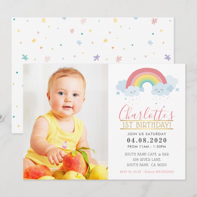 Invitación FOTOGRAFÍA NIÑOS CUMPLEAÑOS FIESTA arcoiris pastel (Anverso / Reverso)