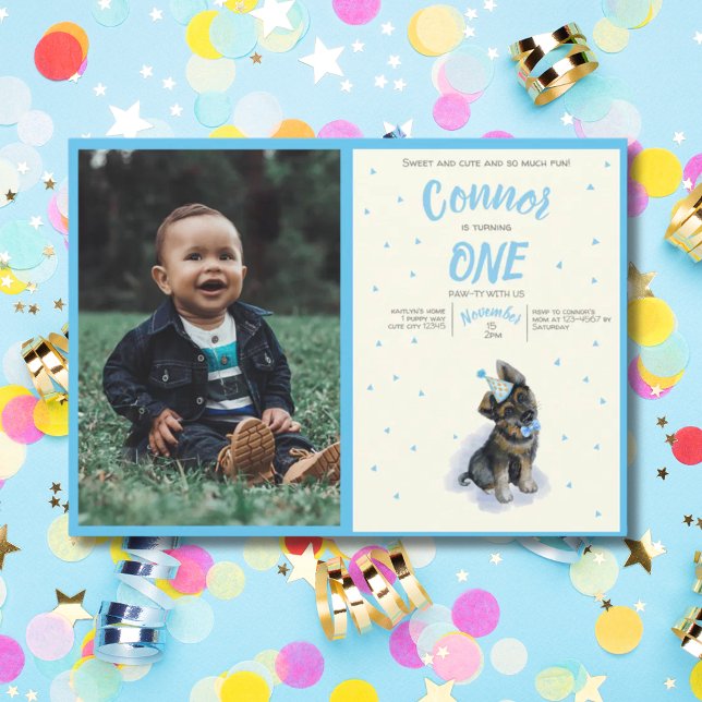Invitación Fotografía 🐶 Pastor Alemán Foto de Primer Cumplea (Puppy 🐶 German Shepherd First Birthday Photo Invitation)