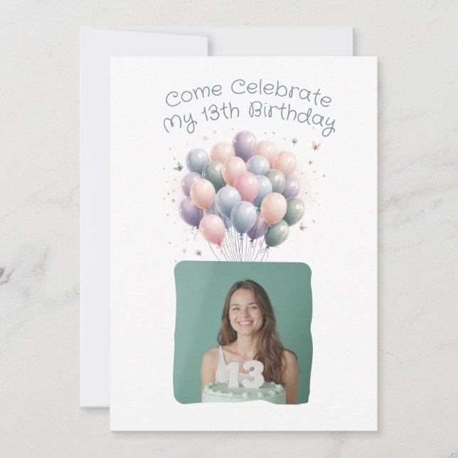 Invitación Fotografía personalizada 13.º globo de cumpleaños (Anverso)