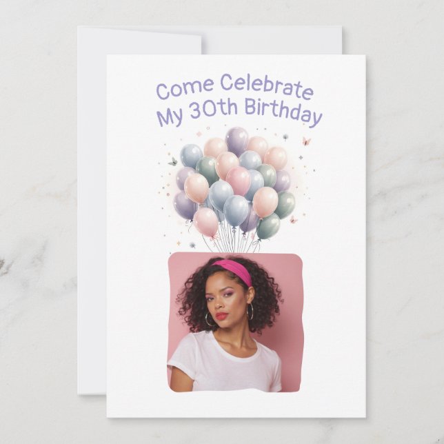 Invitación Fotografía personalizada 30.º globo de cumpleaños (Anverso)