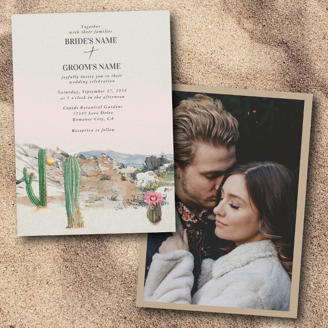 Invitación Fotografía personalizada de boda boho cactus del d (Watercolor Desert Cactus Boho Wedding Custom Photo Invitation)