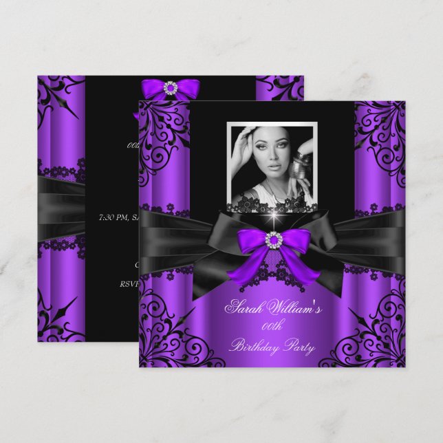 Invitación Fotografía Purple Black Lace Elegant Birthday Part (Anverso / Reverso)