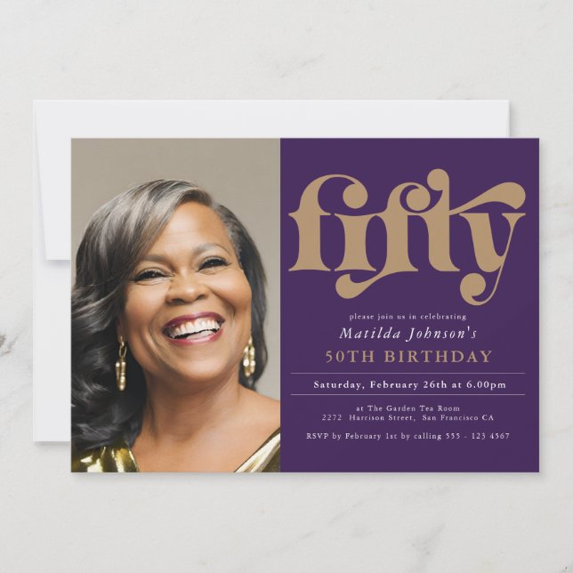 Invitación Fotografía Purple Elegant 50 cumpleaños (Anverso)