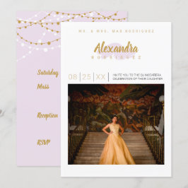 Invitación Fotografía púrpura pálida y dorada Quinceanera