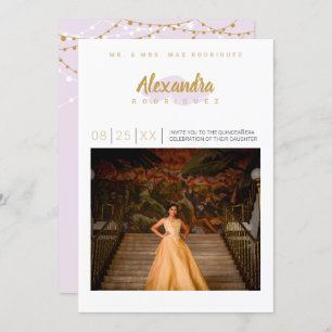 Invitación Fotografía púrpura pálida y dorada Quinceanera