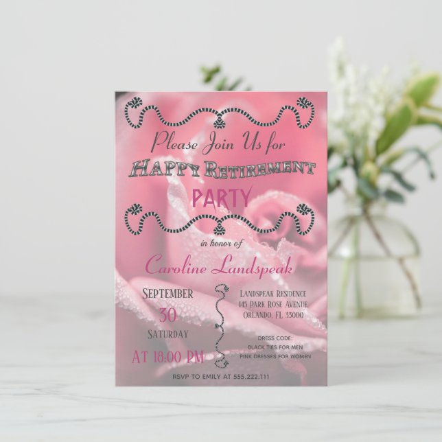 Invitación Fotografía rosa rosa para feliz Fiesta de retiro (Anverso de pie)