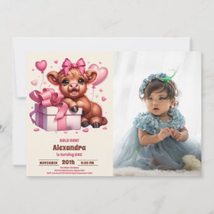 Invitación Fotografía rosa Santo Vaca Highland Primer cumplea