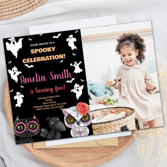 Invitación Fotografía Spooky Black Halloween Cumpleaños Invit (Photo Spooky Black Halloween Birthday Invitations)