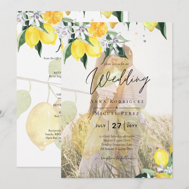 Invitación FOTOGRAFÍA TOTAL SOBRELAY Lemons Wedding Invite QR (Anverso / Reverso)