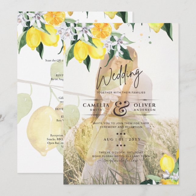 Invitación FOTOGRAFÍA TOTAL SOBRELAY Lemons Wedding Invite QR (Anverso / Reverso)