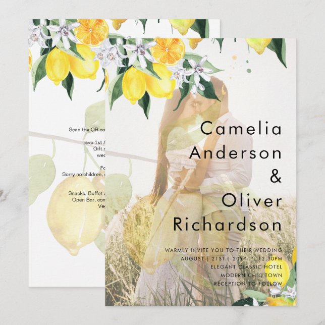 Invitación FOTOGRAFÍA TOTAL SOBRELAY Lemons Wedding Invite QR (Anverso / Reverso)