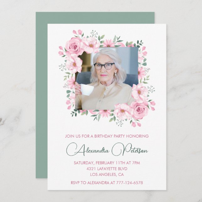 Invitación Fotografía verde rosa Marco floral 96 cumpleaños (Anverso / Reverso)