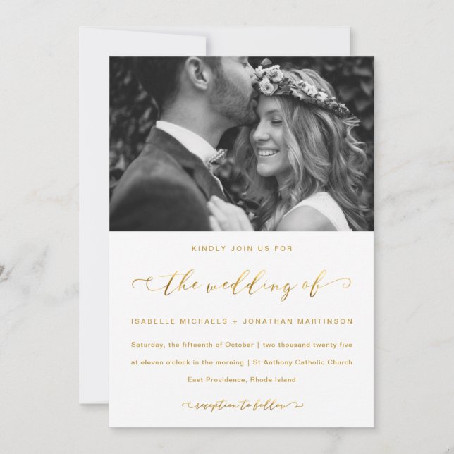 Invitación Fotografía y caligrafía de Boda blanco y oro falso (Anverso)