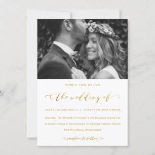 Invitación Fotografía y caligrafía de Boda blanco y oro falso