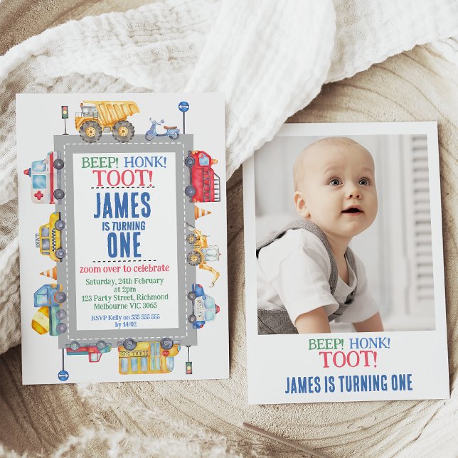 Invitación Fotografías modernas Transporte por carretera Prim (Cute transport themed boy's first birthday invitation featuring various vehicles and photo on back.)