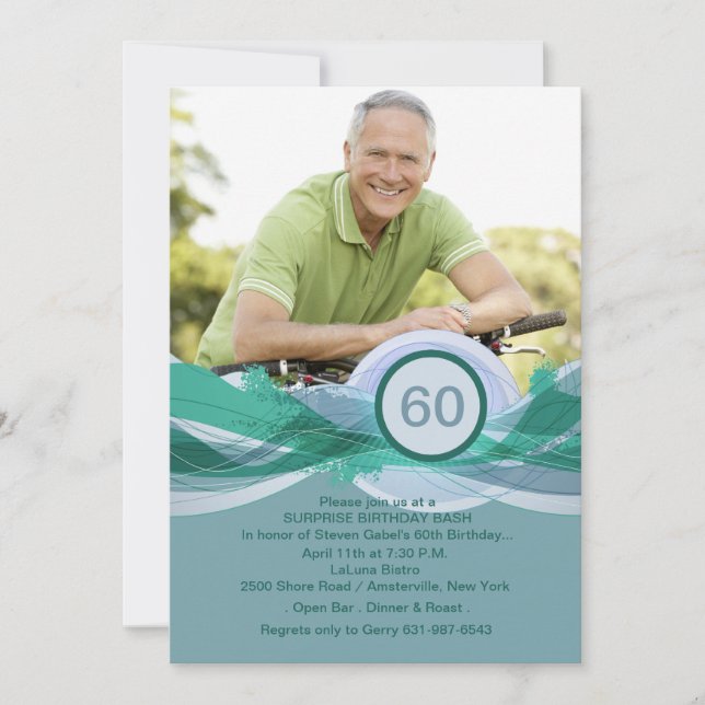 Invitación fotográfica azul hito de cumpleaños (Anverso)