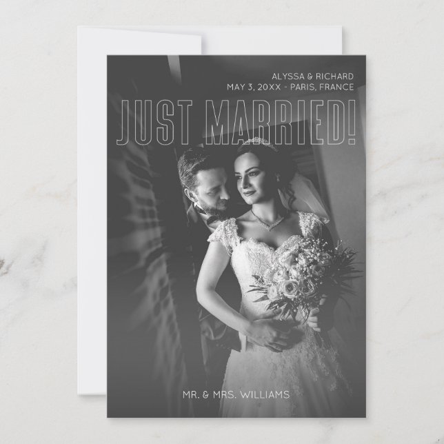 Invitación fotográfica blanca y negra casada (Anverso)
