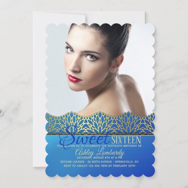 Invitación fotográfica Blue and Gold Edging (Anverso)