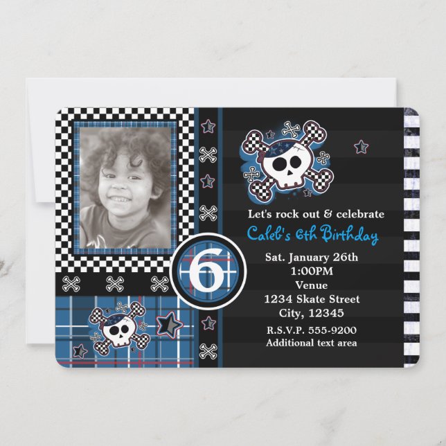 Invitación fotográfica Blue Plaid Skull & Crossbon (Anverso)
