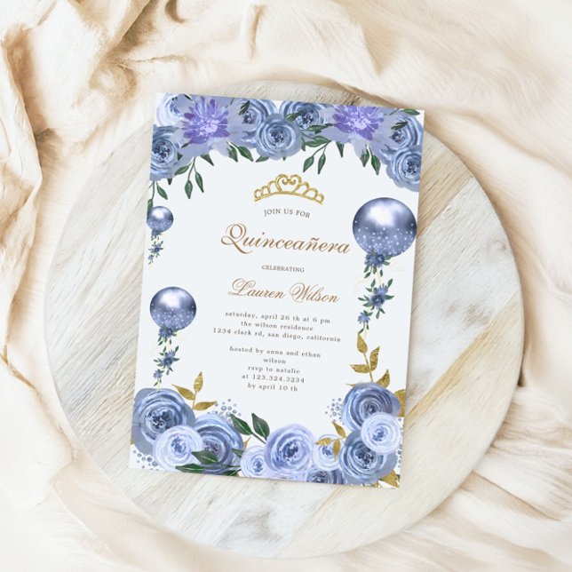 Invitación fotográfica Blue Royal Floral Quinceane (Subido por el creador)